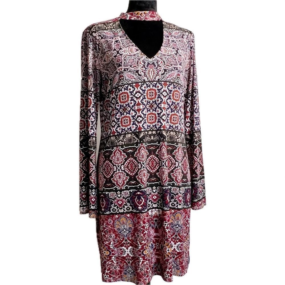 Laundry‎ by Shelli Segal red, black, gold floral print long sleeve dress Size 8